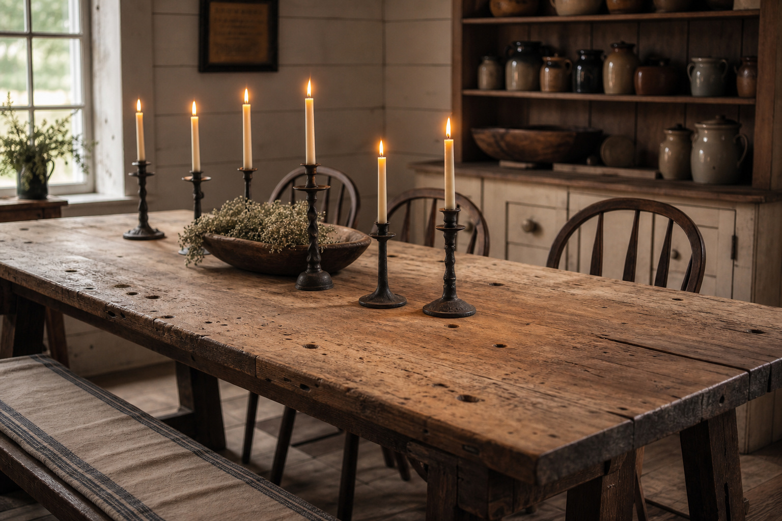 Rustic farmhouse dining room with reclaimed wood trestle table, iron candlesticks, grain-sack bench cushion and painted hutch against a shiplap wall