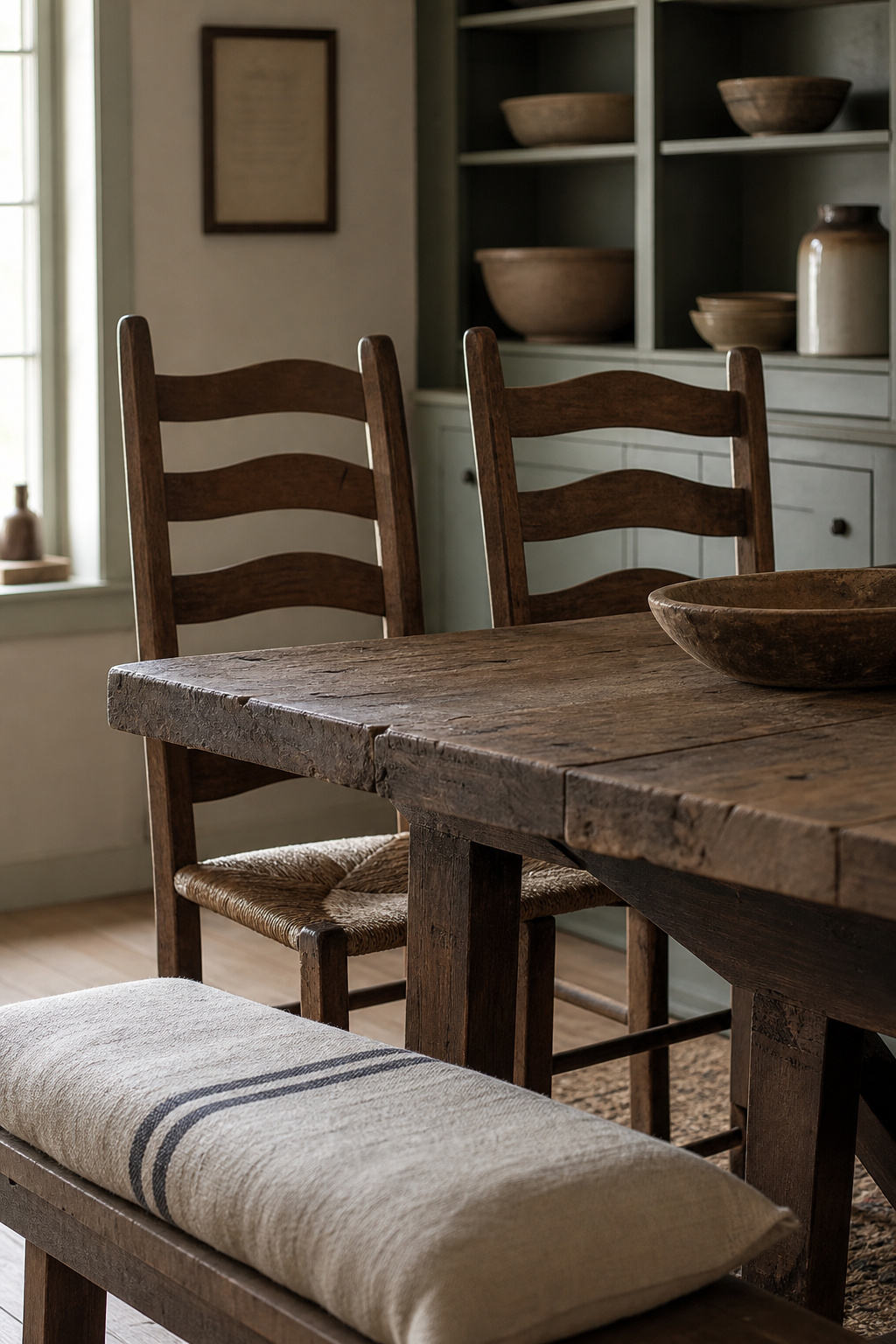 Solid oak ladderback dining chairs at a reclaimed-wood trestle table with a sage-green painted hutch displaying stoneware in the background