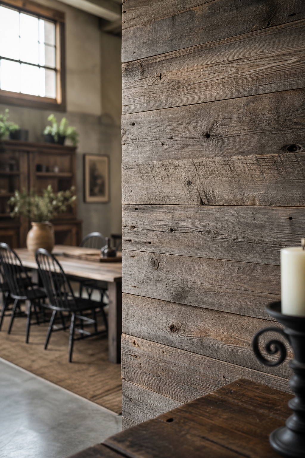 Rustic horizontal wood plank accent wall with aged grey-brown pine in mixed widths in a farmhouse dining room