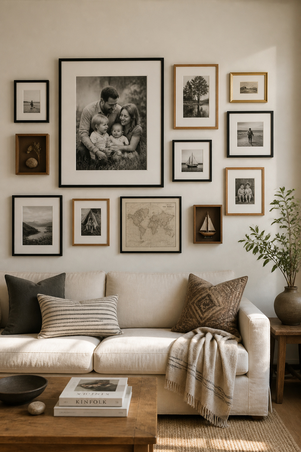 Salon-style family photo wall in a living room with off-centre large black-and-white anchor print, surrounded by a mix of smaller family photographs and shadow box mementos in black and oak frames