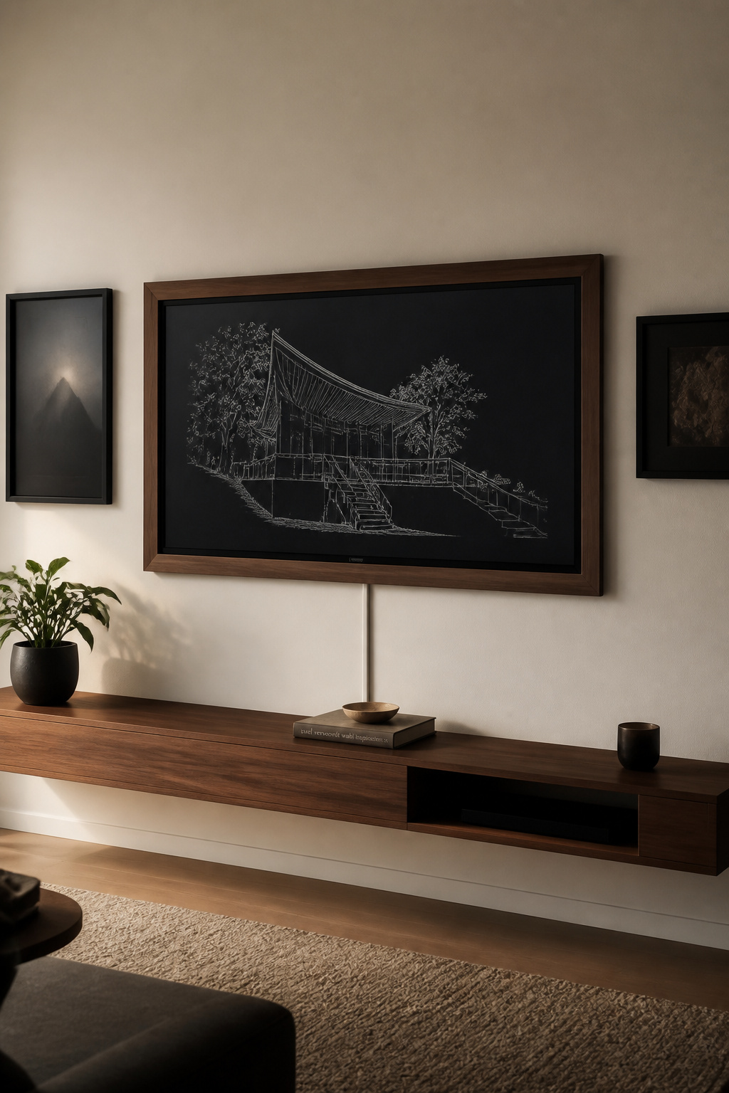Samsung Frame TV in Art Mode displaying dark architectural drawing, flanked by matte black frames, with optional Modern Brown bezel, mounted flush against off-white wall