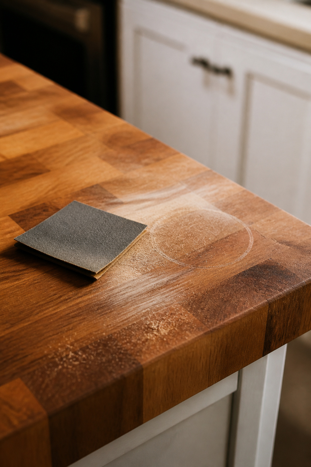 Fine-grit sandpaper being used to remove a water ring from a butcher block countertop surface
