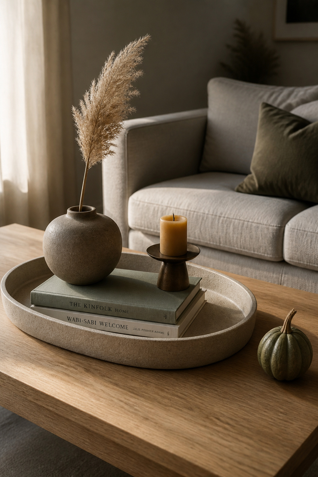 A neutral linen tray on a light oak coffee table styled with a stoneware vase, dried pampas stem, book stack, and bronze candle holder — the swappable-base approach to seasonal coffee table decor