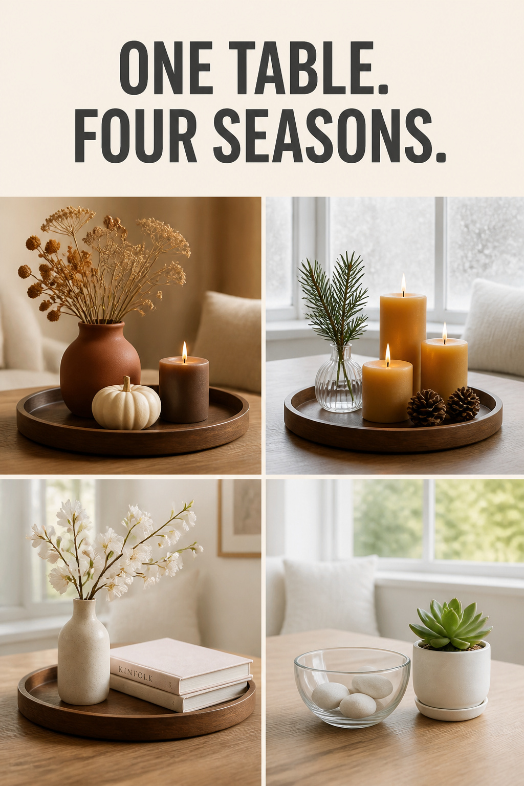Pinterest collage showing four seasonal coffee table decor arrangements — autumn dried stems and ceramic pumpkins, winter candle cluster and evergreen, spring cherry blossom and blush books, summer succulent on bare table — with headline 'One Table. Four Seasons.'