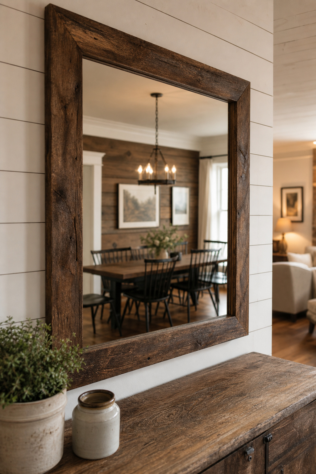 White shiplap farmhouse dining room accent wall with centred wood-framed mirror above a rustic sideboard and ceramic jar