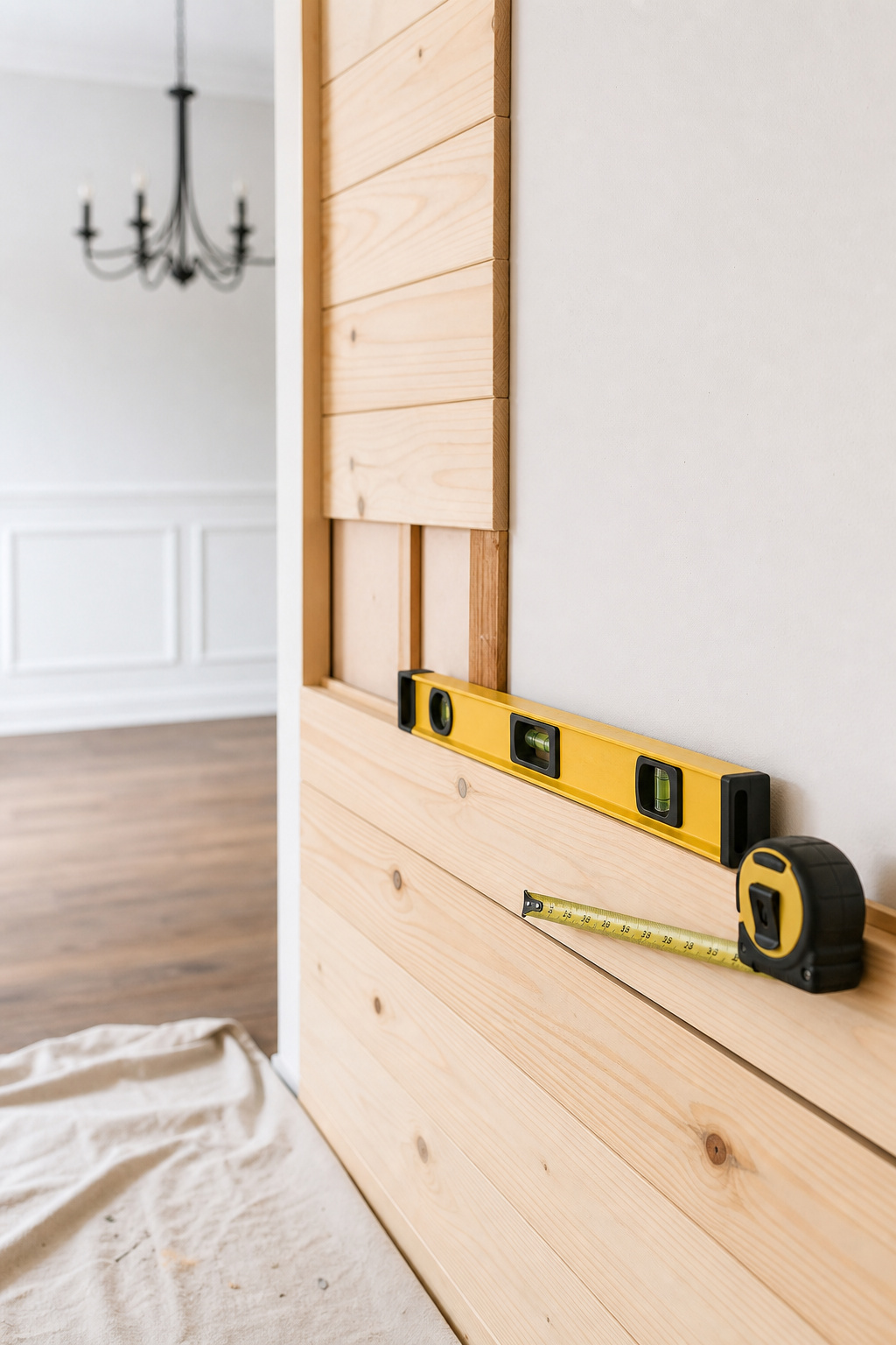 Pine shiplap boards mid-installation on a dining room wall with a spirit level and tape measure resting on them