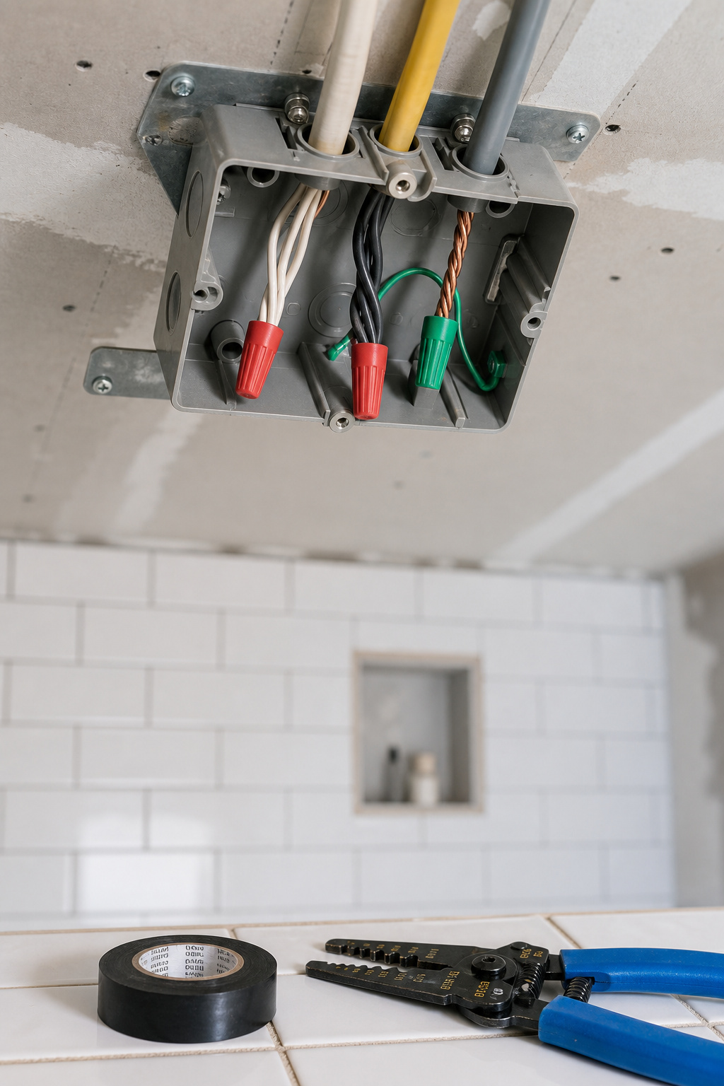 Open electrical junction box in shower ceiling showing clean wire connections ready for a wet-rated fixture, with wire strippers beside it