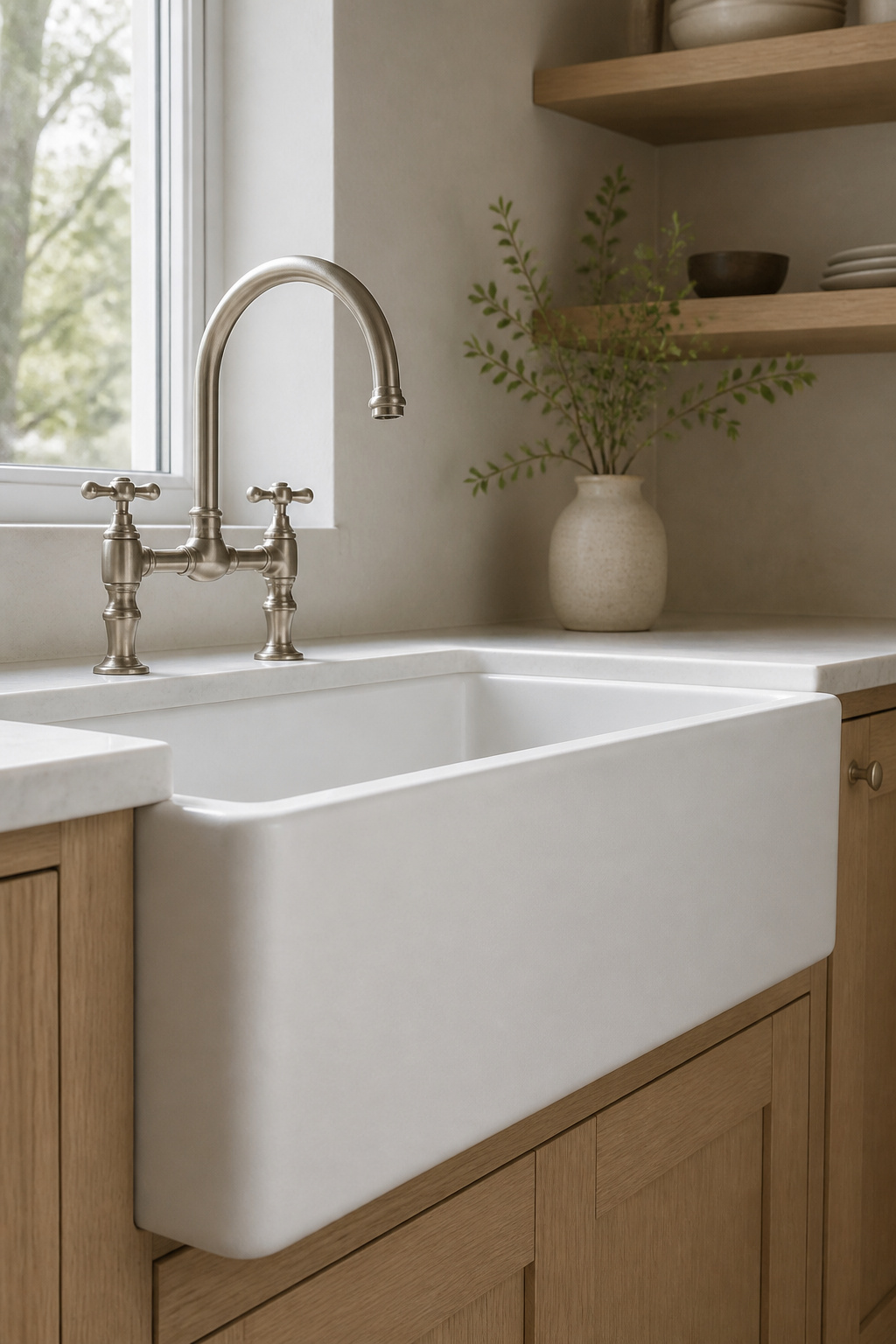 Deep single bowl fireclay farmhouse sink showing the uninterrupted basin space