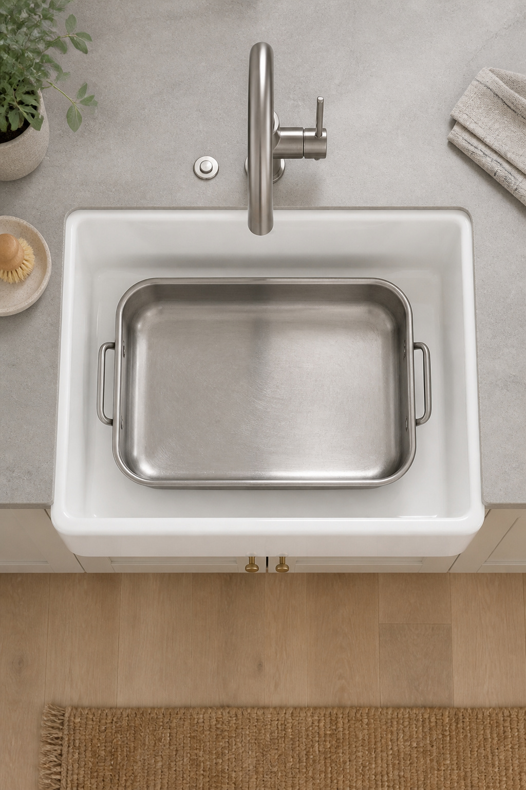 Overhead view of a roasting pan lying flat inside a single bowl farmhouse sink basin