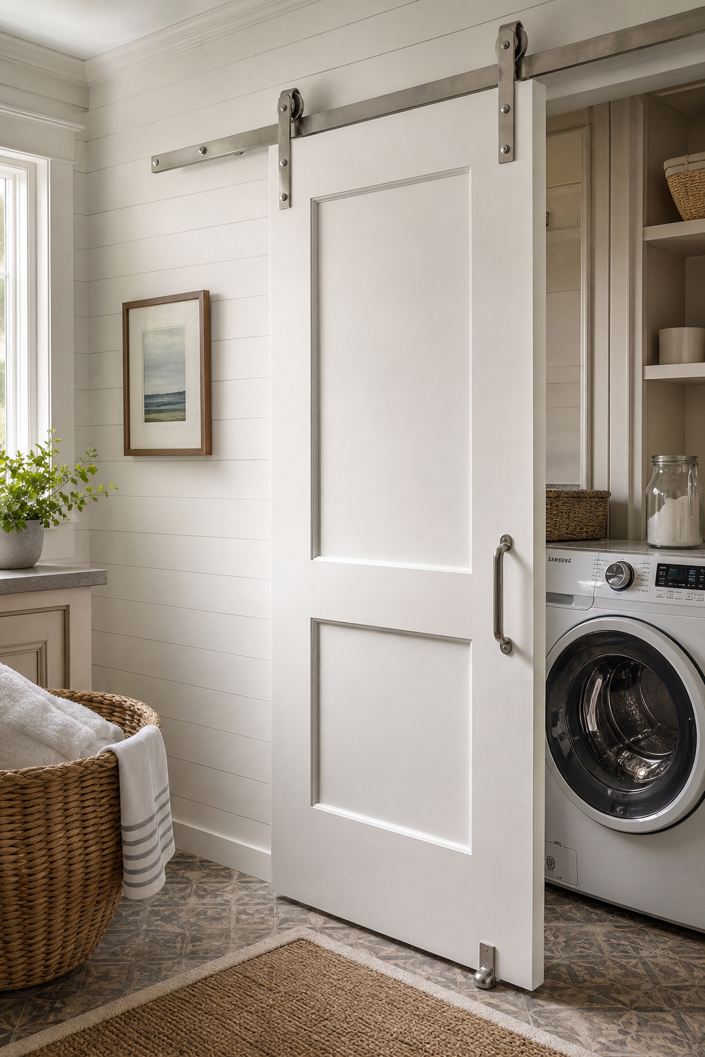 Brushed nickel single-slider barn door hardware kit installed on a white shiplap laundry room wall with barn door half open
