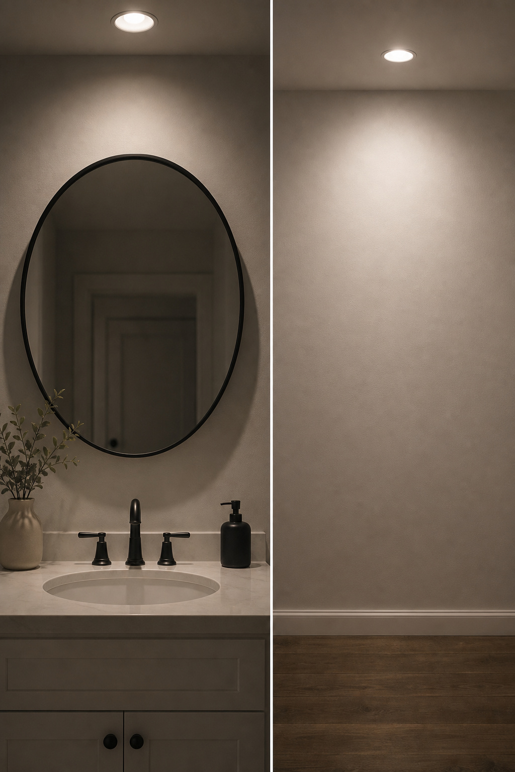 Bathroom vanity under single overhead light showing flat shadows versus layered lighting with depth and definition