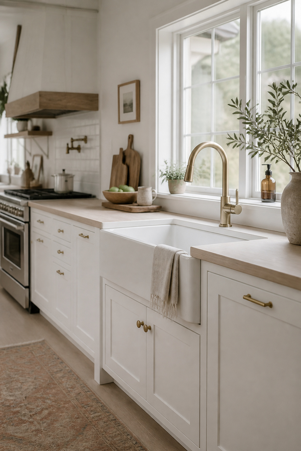 White fireclay single bowl farmhouse sink in a bright Scandinavian kitchen with oak countertops