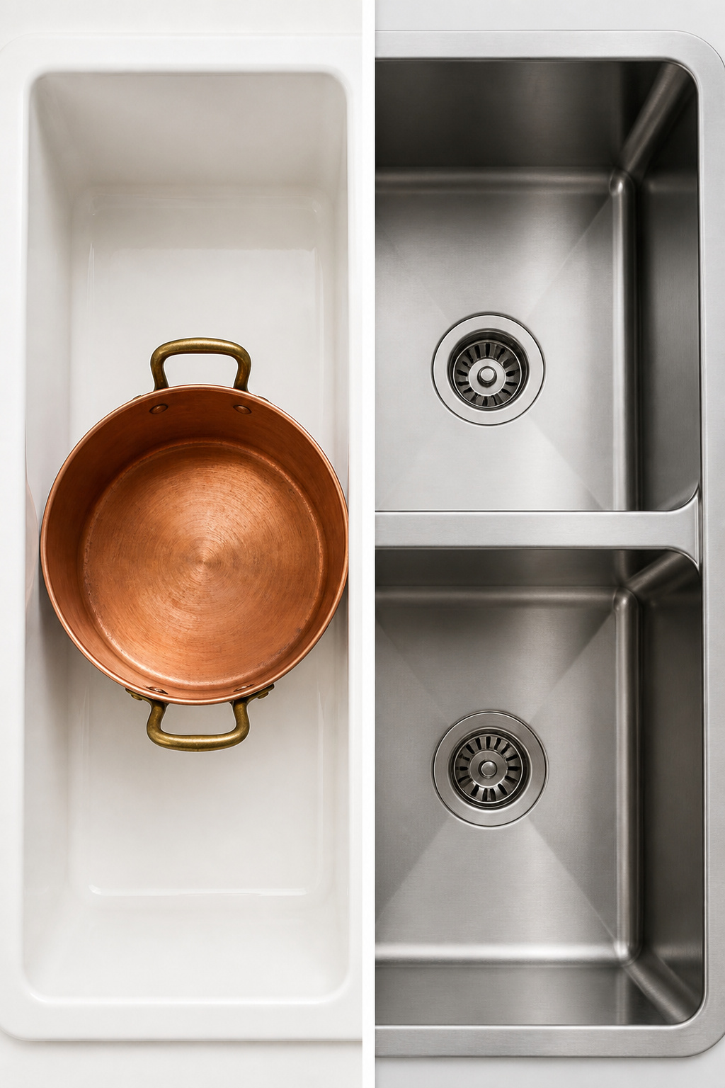 Side-by-side comparison of single bowl farmhouse sink interior versus double bowl farmhouse sink interior showing divider and basin widths