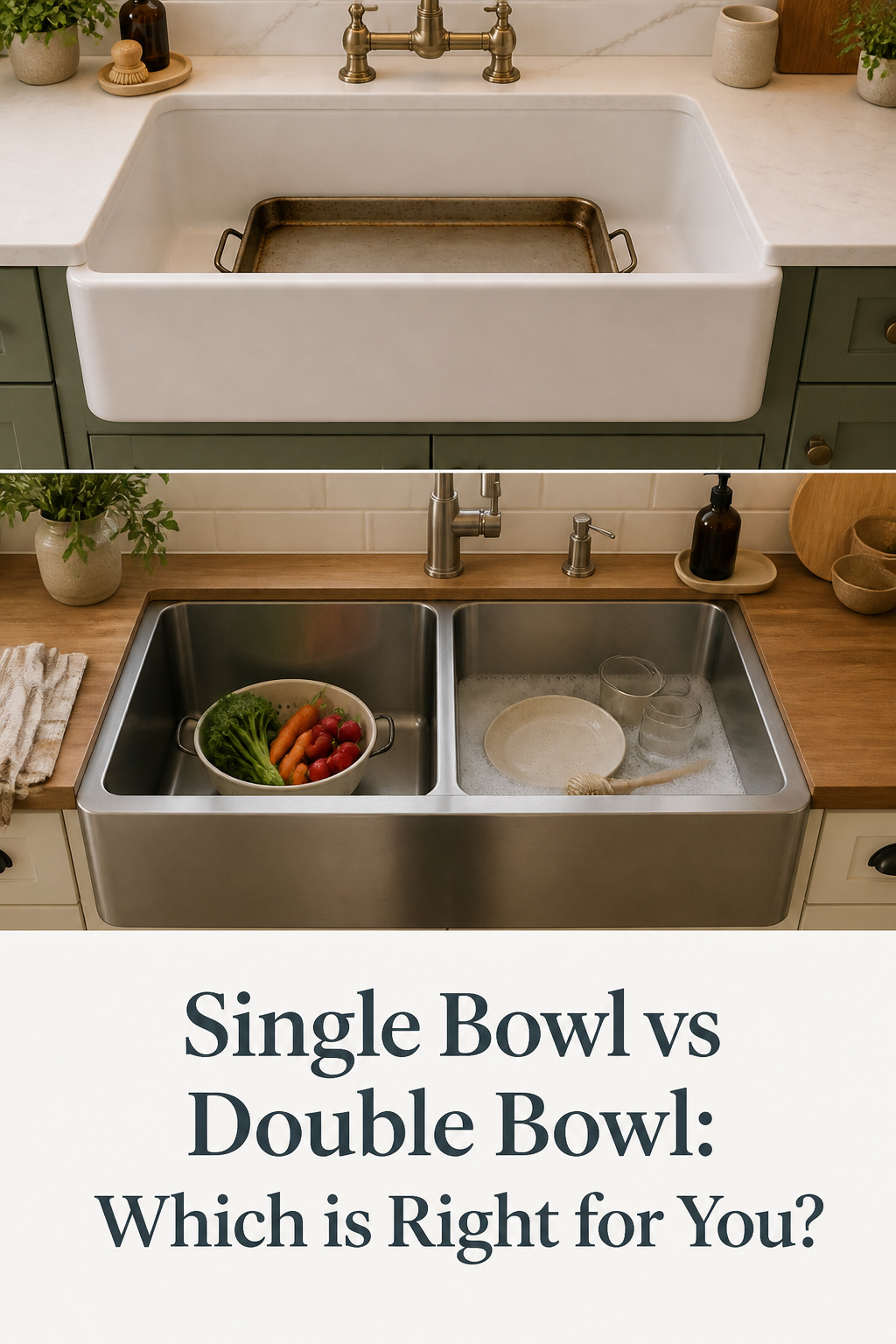 Comparison of single bowl and double bowl farmhouse sinks showing the large-pan advantage and the soaking-plus-washing workflow
