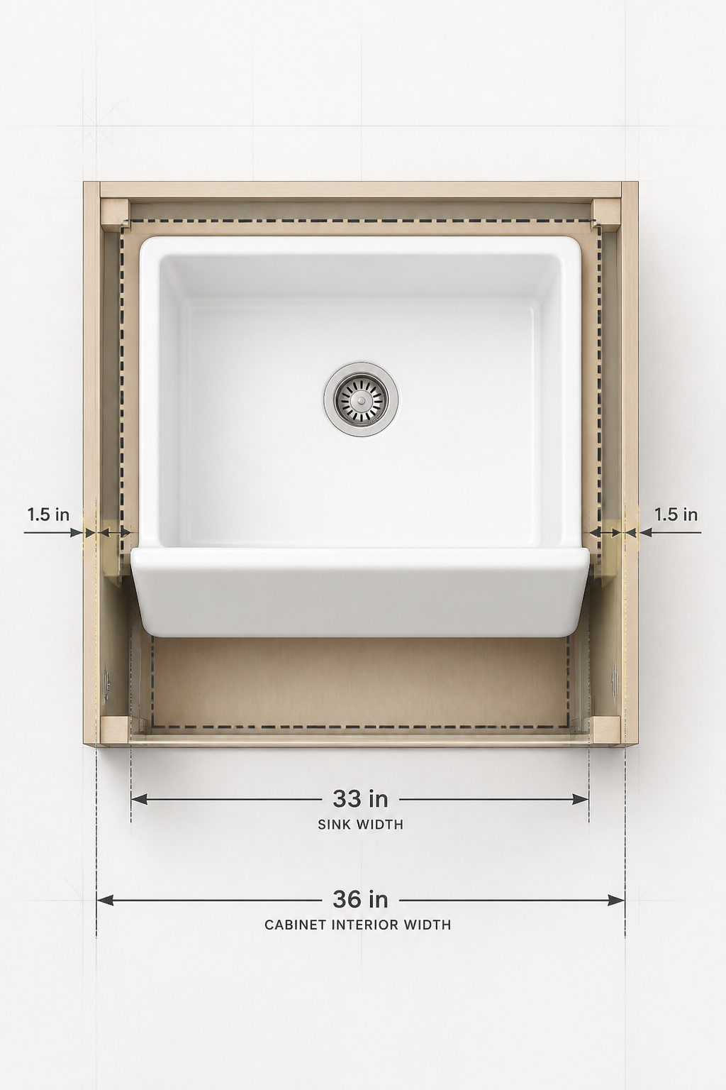 Top-down plan view diagram showing 33-inch sink inside a 36-inch cabinet with 1.5-inch clearance marked on each side