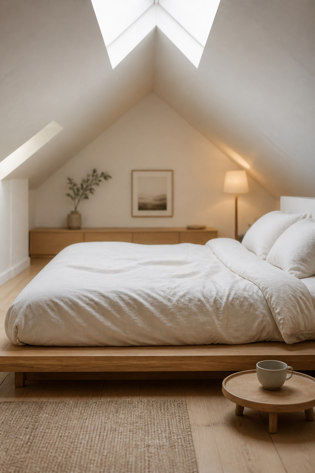 Low-profile oak platform bed centered under the ridge of a double-pitched white attic ceiling with crisp white linen bedding