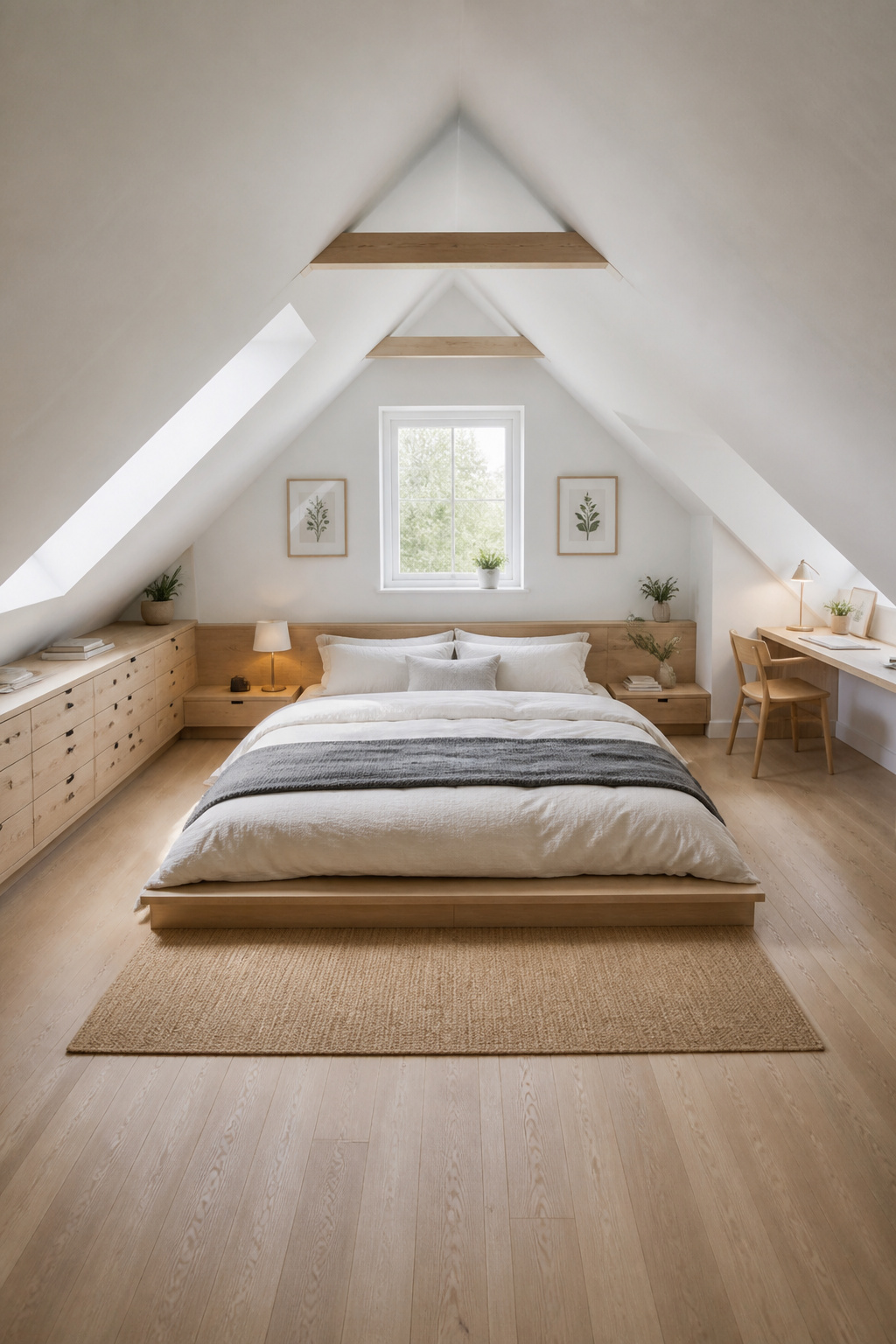 Complete attic bedroom layout under a double-pitched white ceiling: low platform bed under the ridge, oak drawer units along the eave, desk in the sitting zone