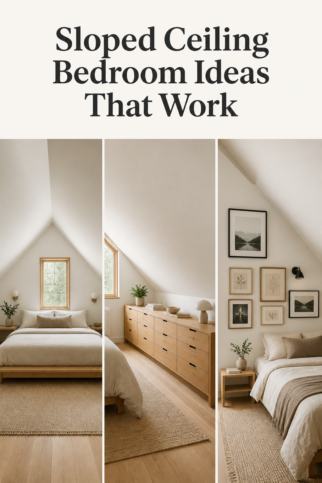 Three-panel Pinterest image showing sloped ceiling bedroom solutions: ridge-parallel bed, low-eave drawer units, and gallery wall on a slanted wall