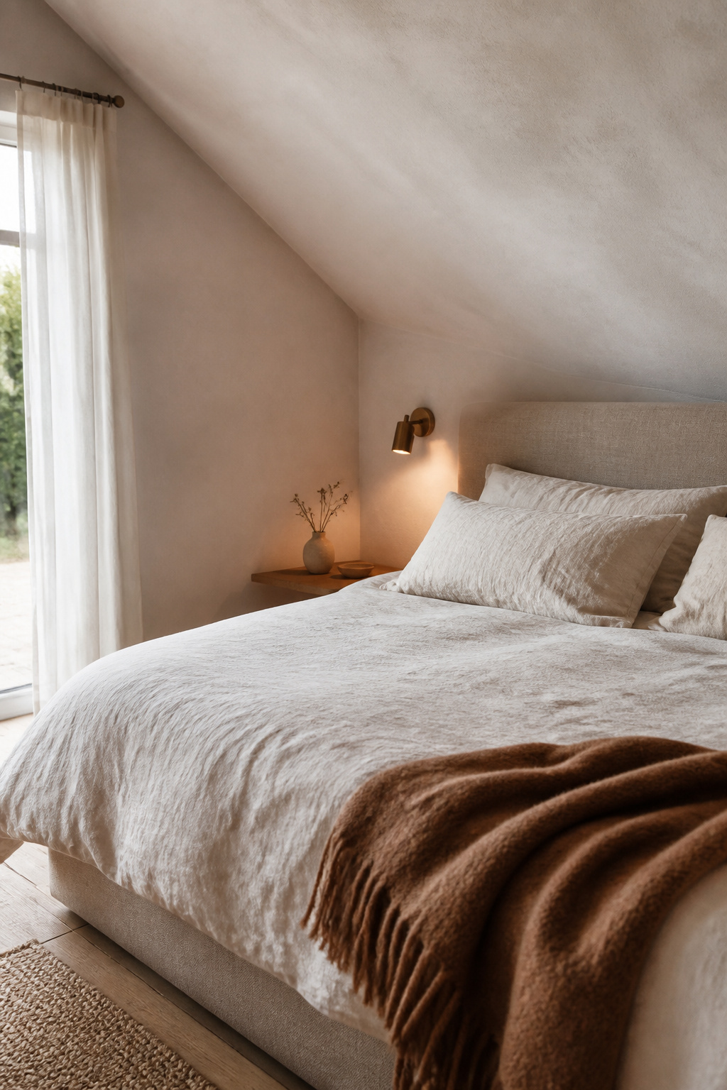 Low-profile linen bed tucked under a steeply sloping white plaster ceiling in a minimalist Scandinavian attic bedroom