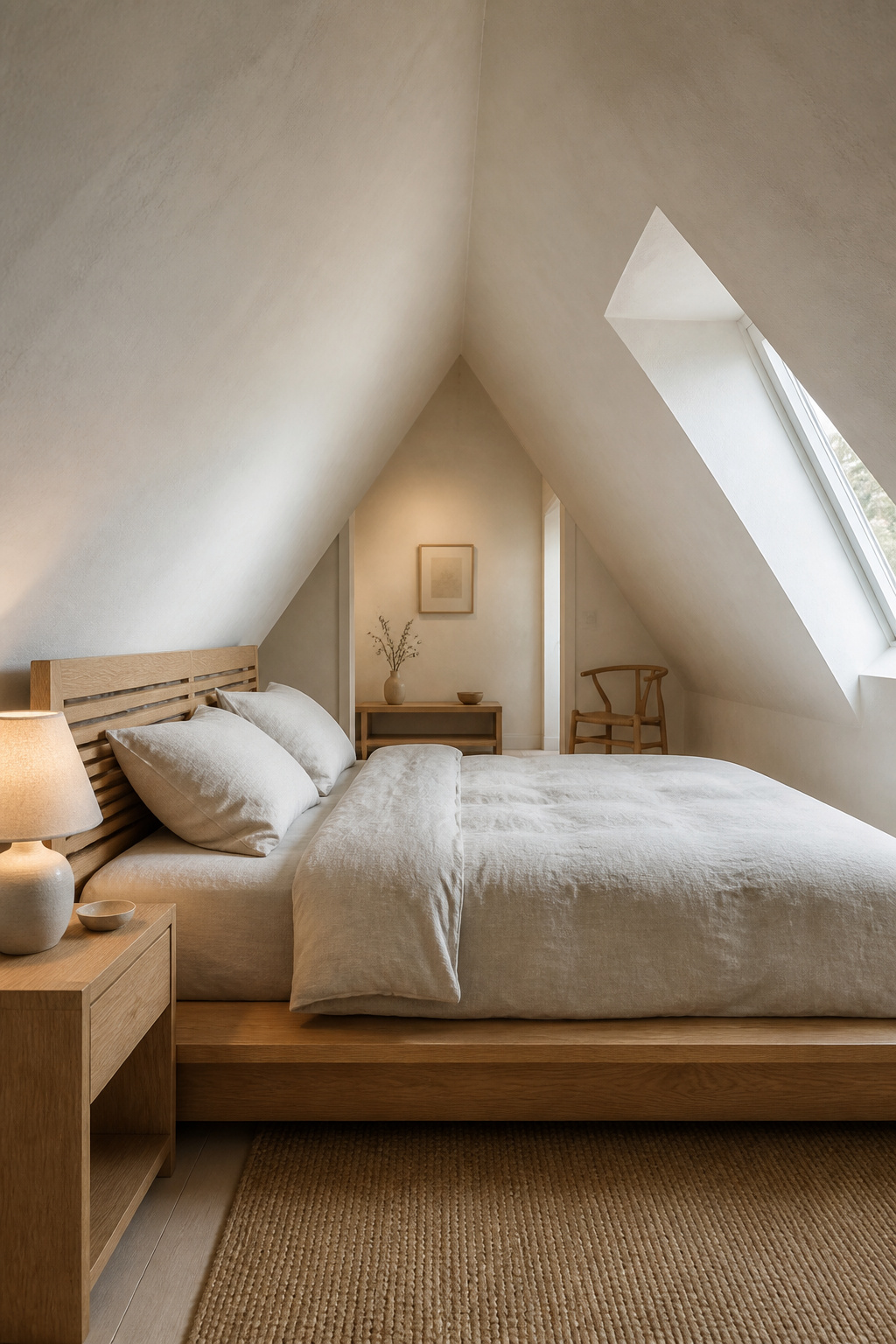 Low-profile platform bed centered under the ridge of a white-plastered sloped ceiling bedroom with light oak details and linen bedding