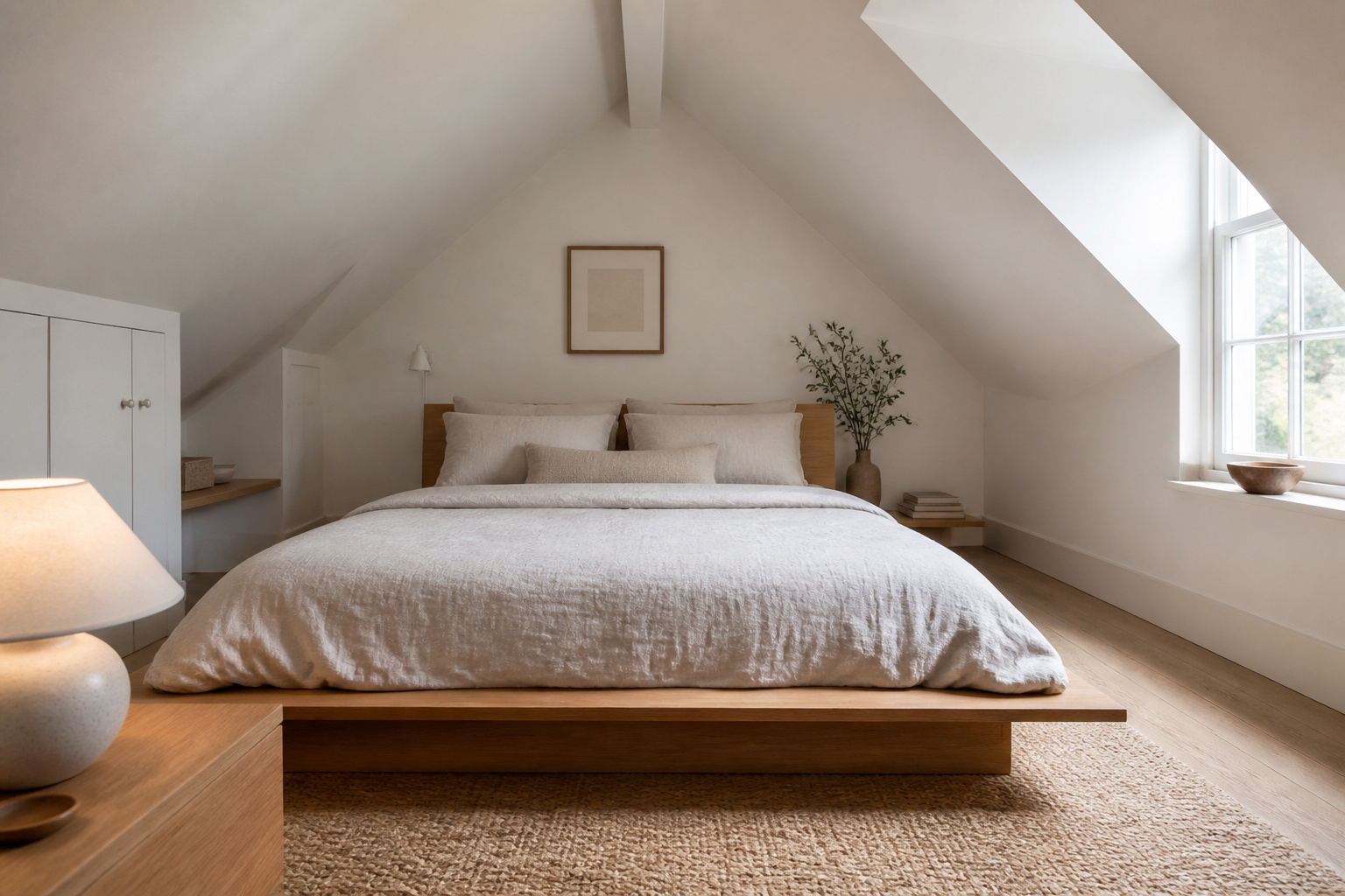 Low-profile platform bed centered under the ridge of a white-plastered sloped ceiling bedroom with light oak details and linen bedding