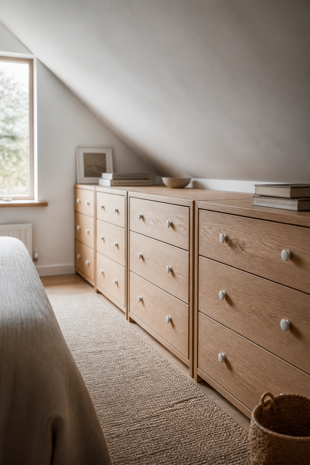 Continuous run of low light oak drawer units fitted along the low-eave wall of a white attic bedroom with sloped ceiling above
