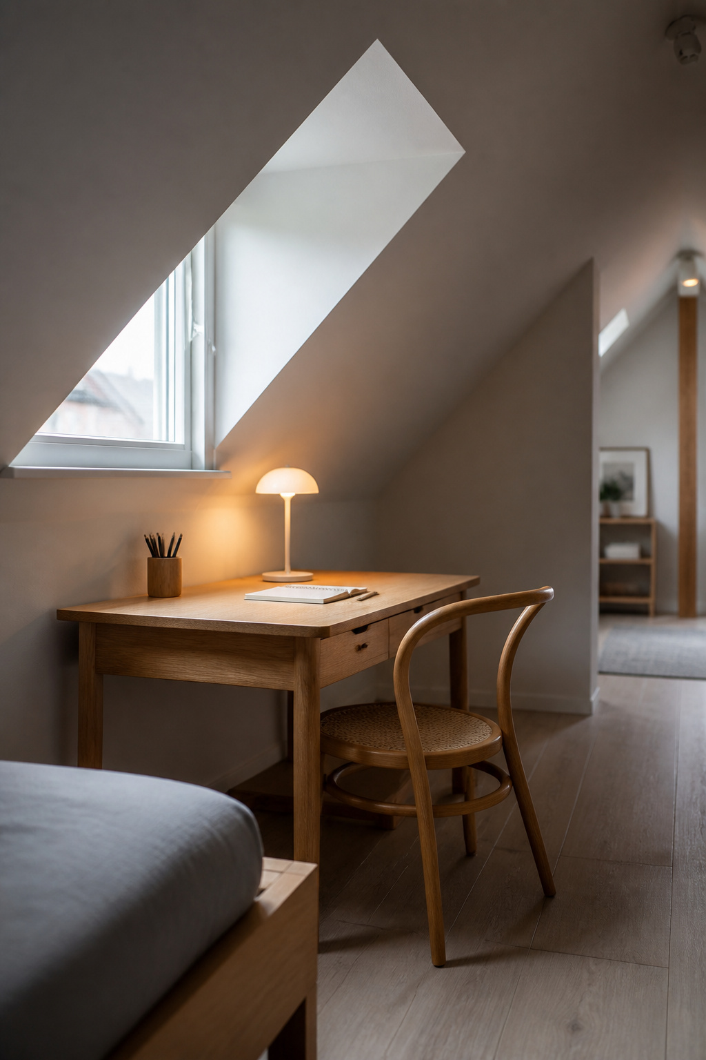 Oak writing desk and low chair positioned under the sloped section of a white attic ceiling in a Scandinavian minimalist bedroom