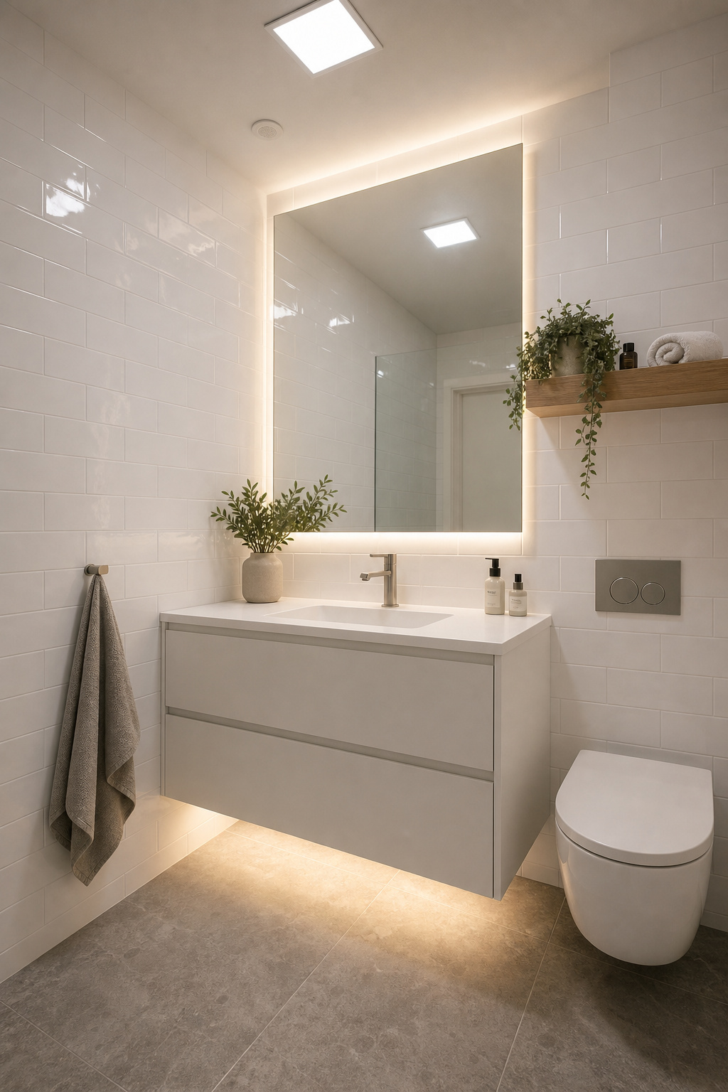 Small bathroom lit with layered lighting including flush LED ceiling panel, backlit frameless mirror and warm toe-kick accent in glossy white tile room