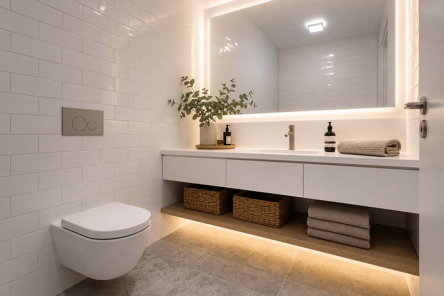 Small bathroom lit with layered lighting including flush LED ceiling panel, backlit frameless mirror and warm toe-kick accent in glossy white tile room