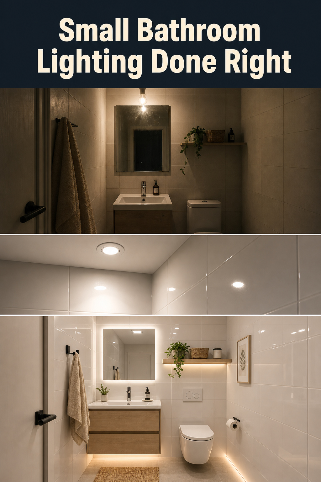Pinterest collage showing small bathroom before and after with layered lighting, glossy tile bounce and backlit mirror transformation