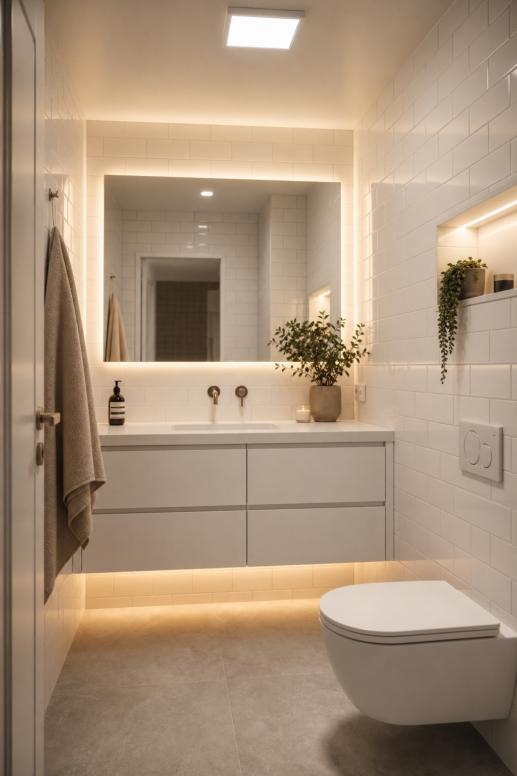 Small compact bathroom feeling generous and complete with full-height gloss tile, large frameless backlit LED mirror and layered warm and neutral lighting