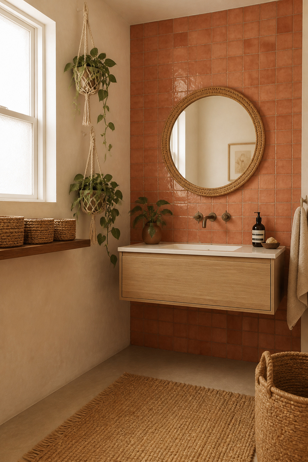 Small boho bathroom with terracotta zellige accent wall, round rattan mirror, macrame plant hangers, and floating shelves with woven baskets