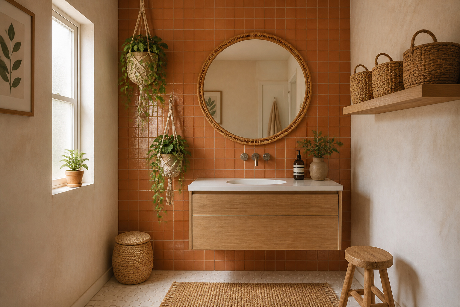 Small boho bathroom with terracotta zellige accent wall, round rattan mirror, macrame plant hangers, and floating shelves with woven baskets