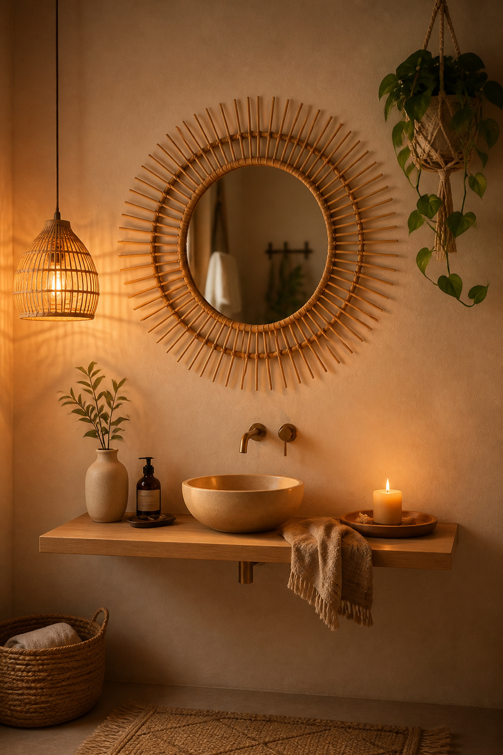 Sunburst rattan mirror opposite a frosted window bouncing warm morning light in a small boho bathroom with pendant and candle layered lighting