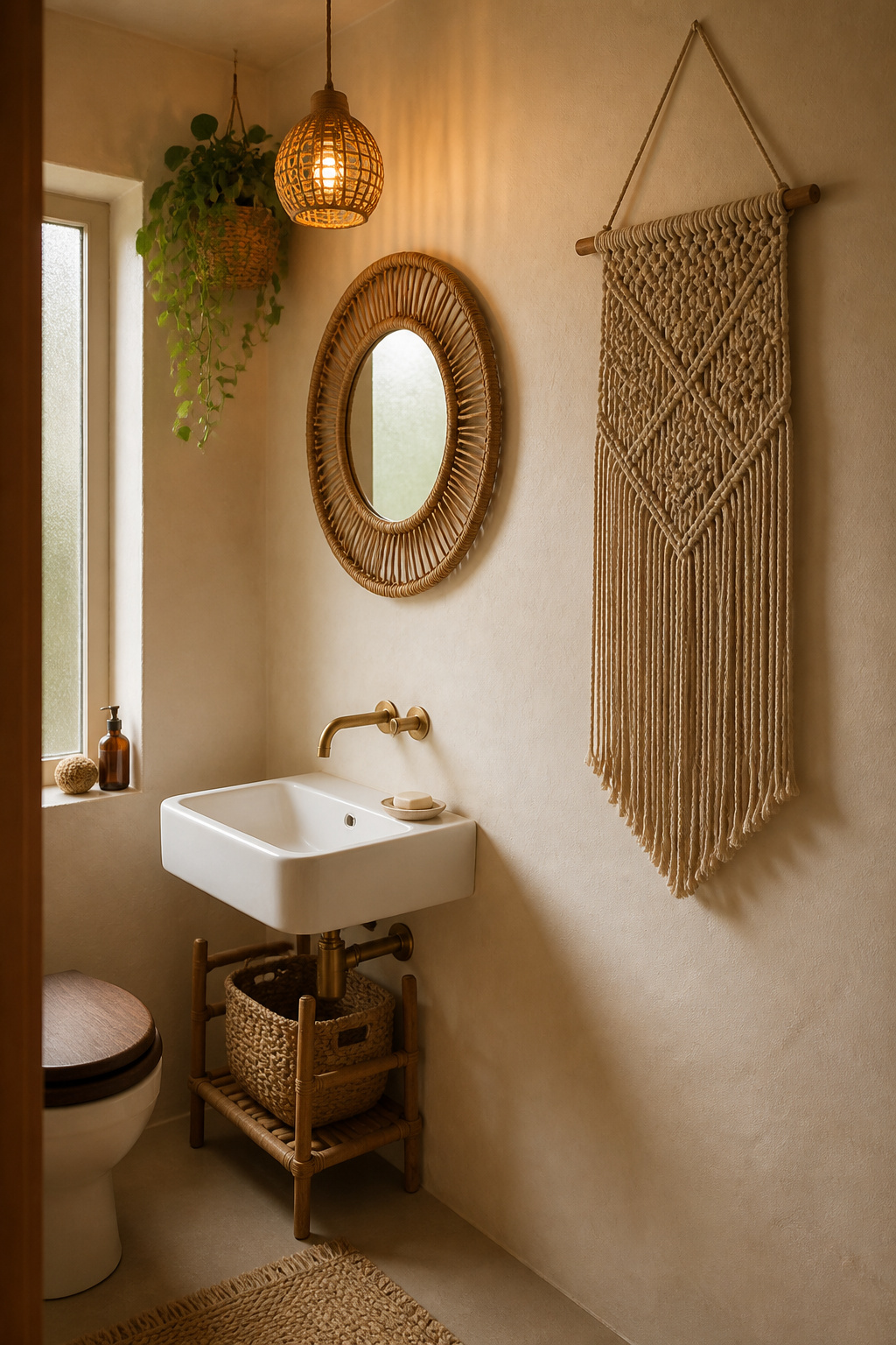 Small boho bathroom corner showing rattan mirror, trailing plant, and macrame wall hanging — intentional vertical layering