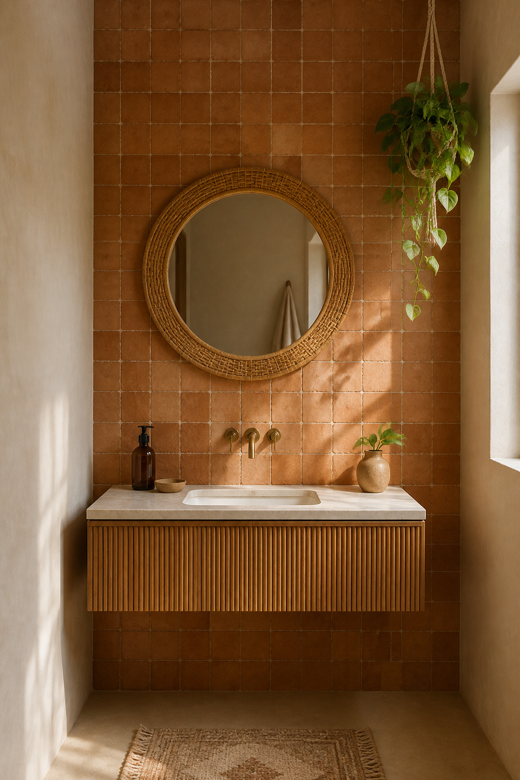 Small boho bathroom accent wall with terracotta zellige tile, round rattan mirror, and trailing plant — single pattern focal point approach