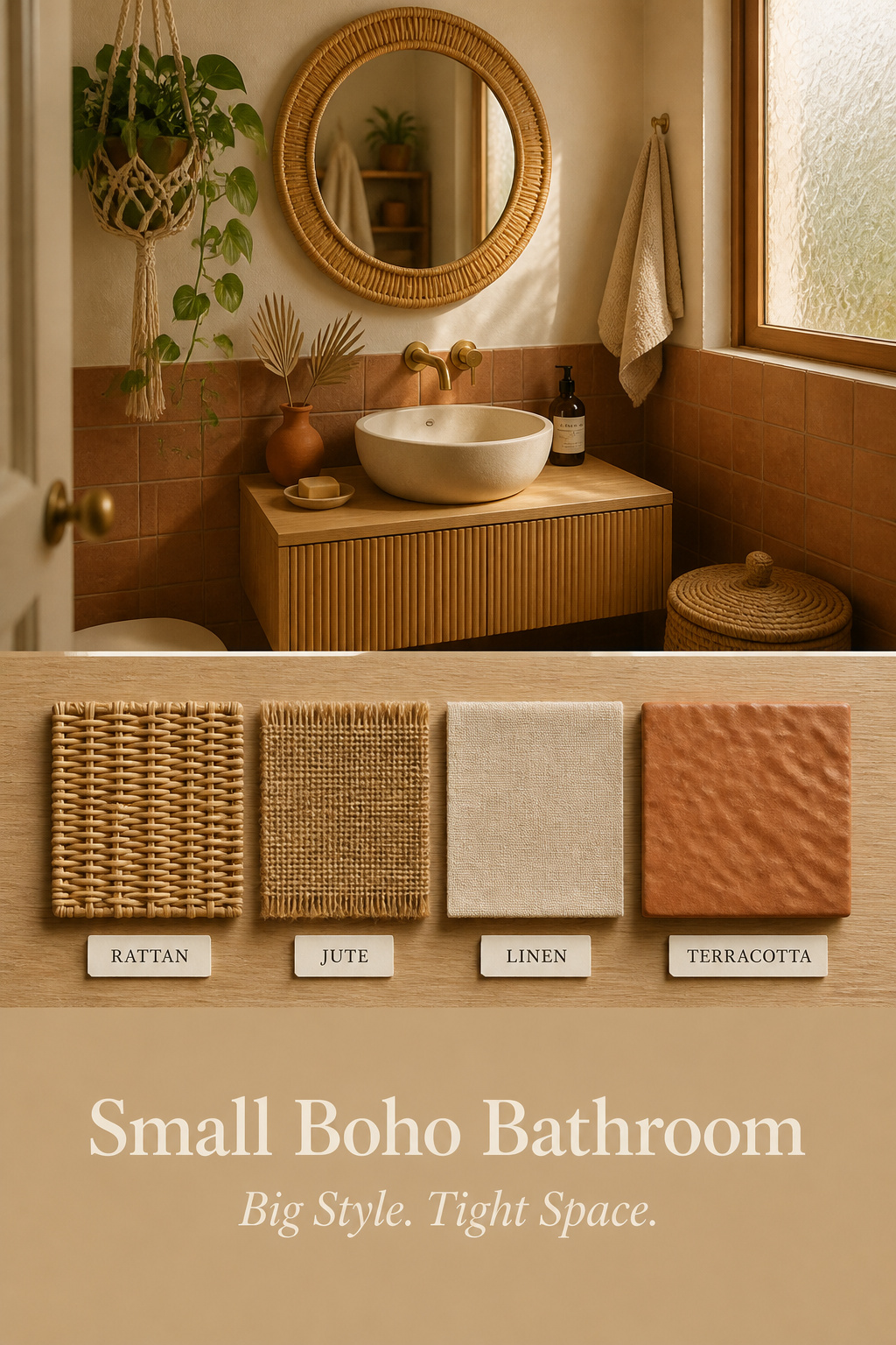 Small boho bathroom Pinterest collage showing rattan mirror, trailing plants, and texture swatches — pattern scale and vertical storage guide