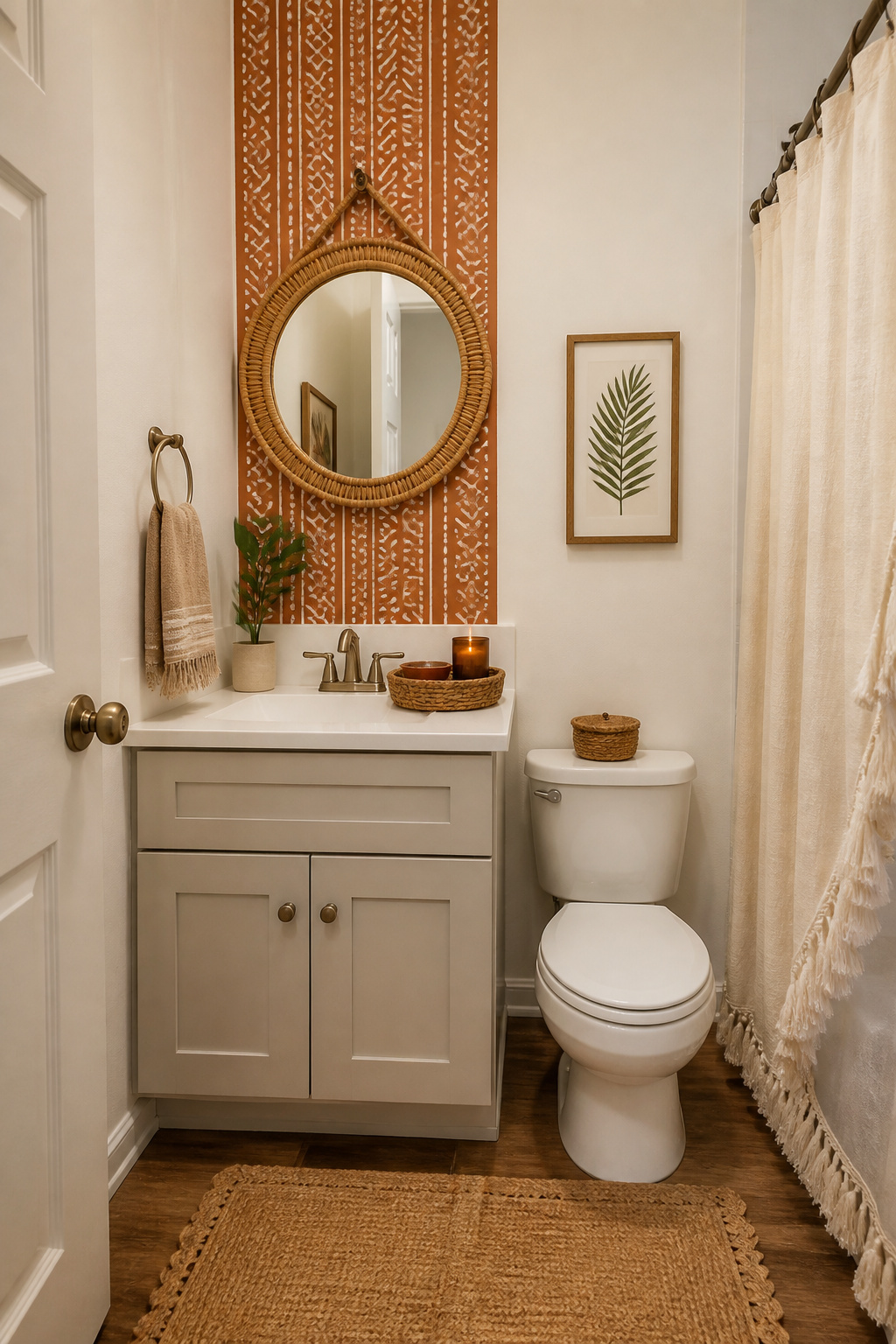 Rental boho bathroom with peel-and-stick wallpaper accent, rattan mirror on adhesive hook, fringed linen shower curtain, and woven tray on vanity