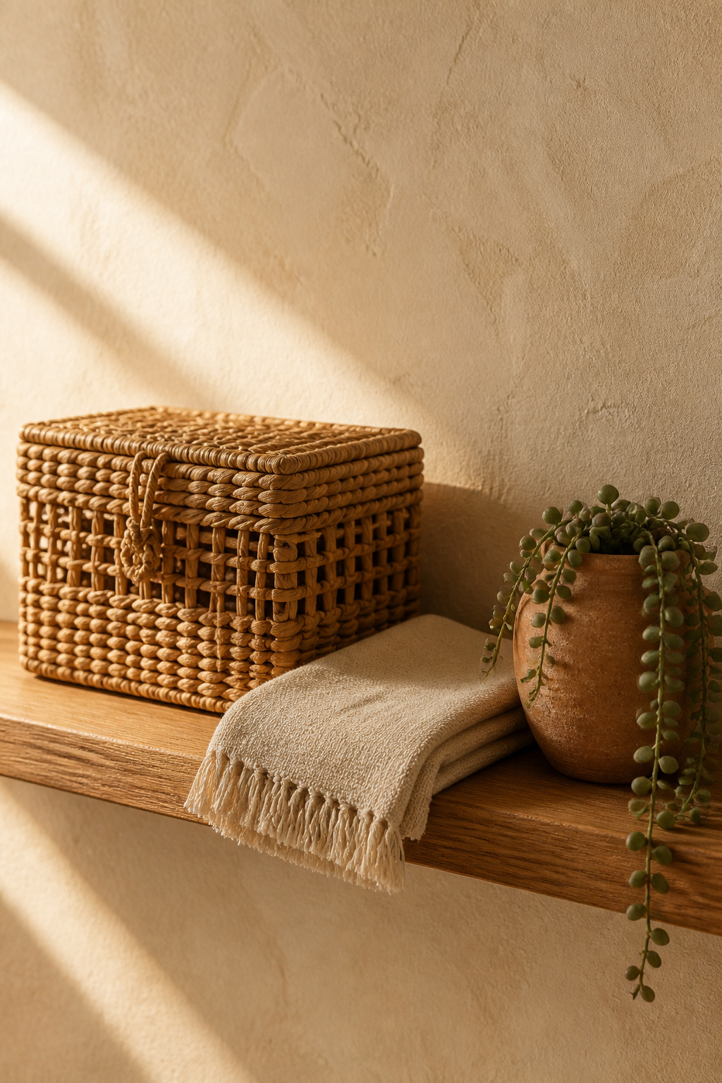 Small boho bathroom shelf vignette with three textures — rattan basket, linen towel, and terracotta pot — demonstrating the anchor, contrast, accent framework