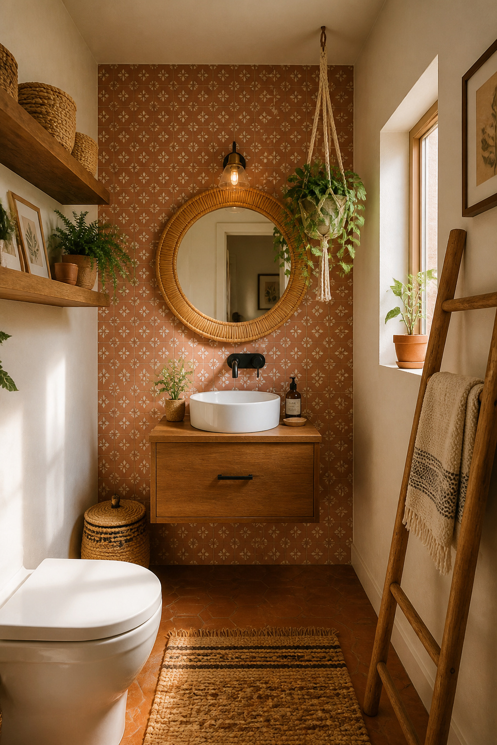 Small boho bathroom with vertical shelves, rattan mirror, wooden towel ladder and macramé pothos hanger making the most of limited space