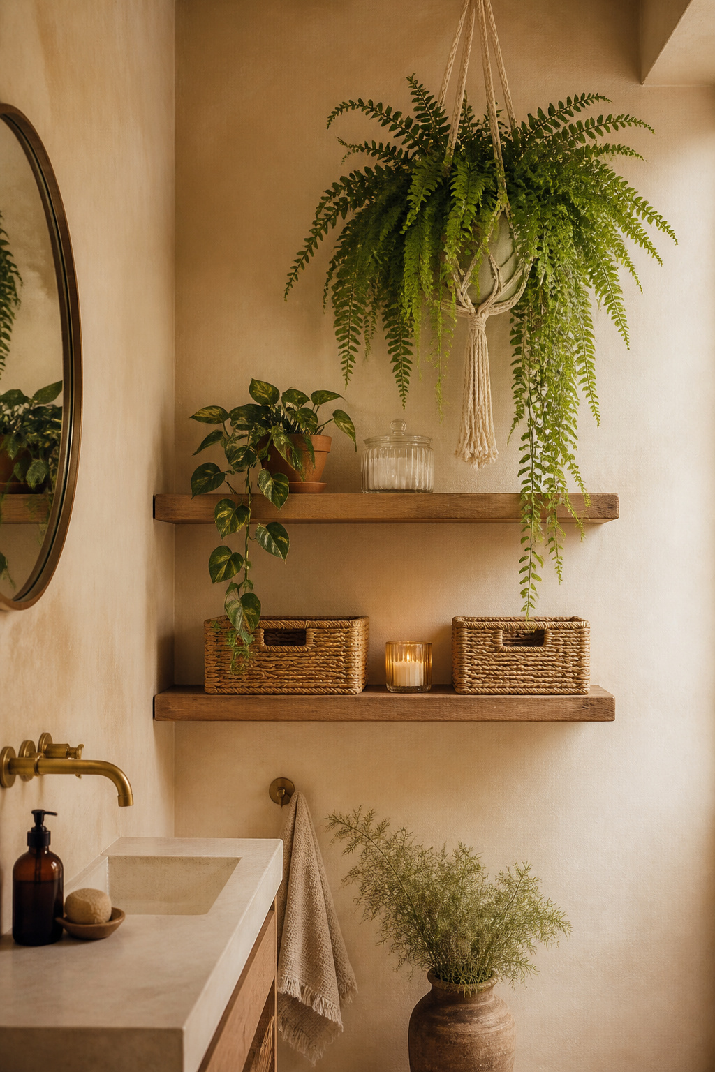 Small boho bathroom wall with staggered floating shelves holding woven baskets and plants, and a macrame wall planter with trailing fern