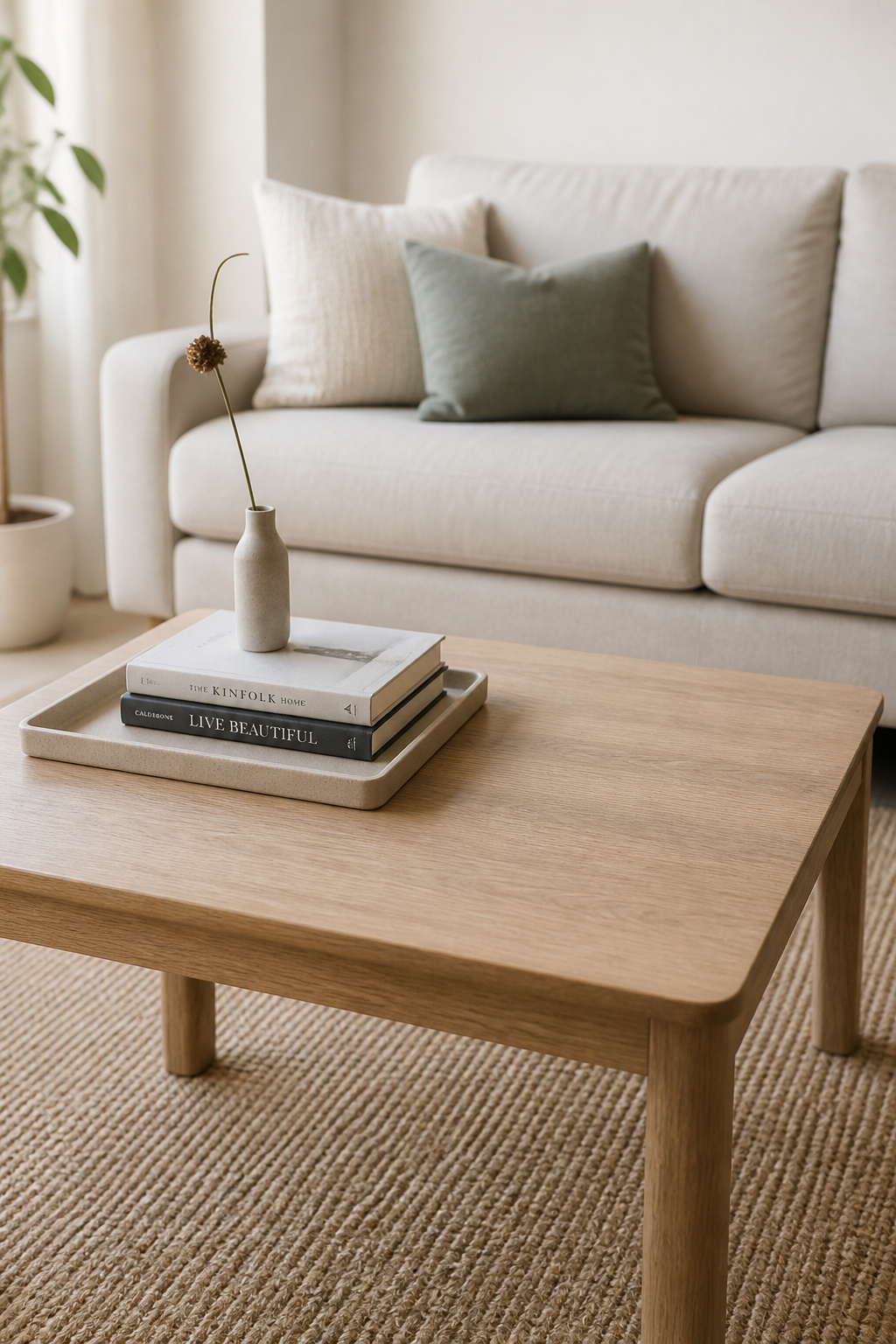 A compact square coffee table with a single woven tray vignette in one zone and the remaining surface completely clear, showing the one-vignette rule for small living room coffee table decor
