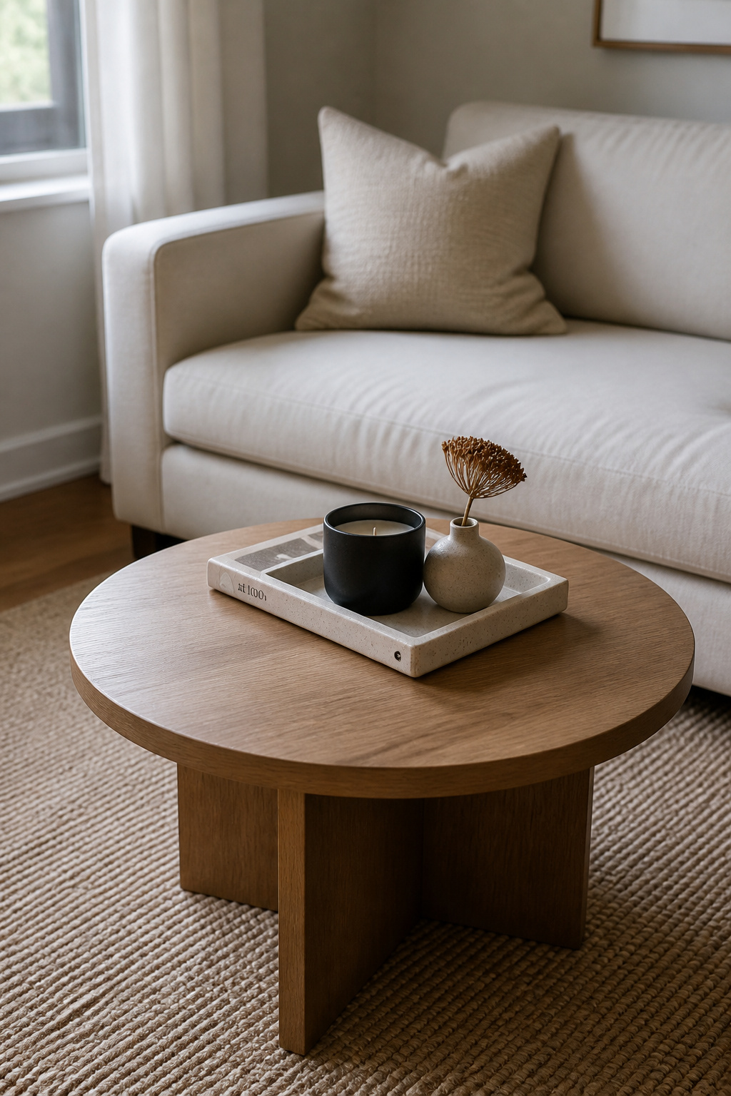 Small round coffee table styled with a single vignette of ceramic tray, matte candle vessel and bud vase with dried stem, with the majority of the round surface left clear
