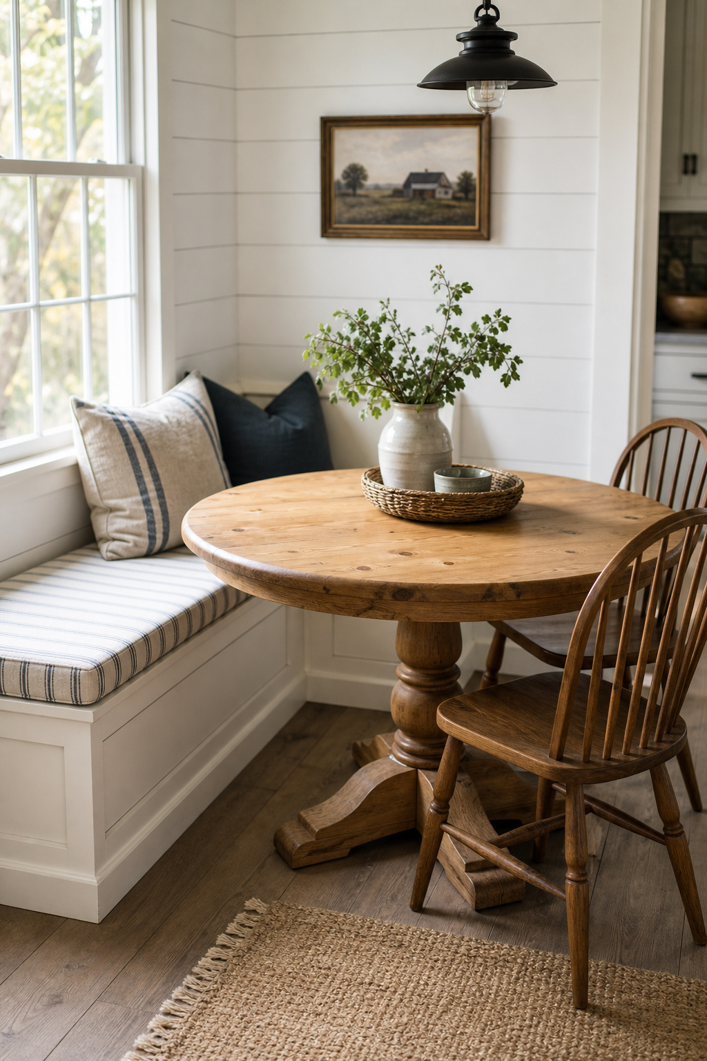 Small round pine farmhouse dining table with a pedestal base in a corner nook, flanked by a built-in shiplap banquette with ticking-stripe cushion and Windsor chairs, bathed in natural daylight