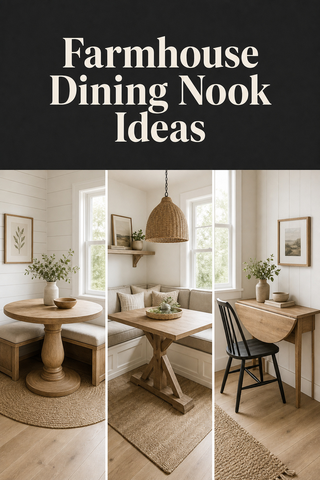 Pinterest collage of three small farmhouse dining nook ideas showing a round pedestal table, L-shaped banquette, and drop-leaf table in compact spaces