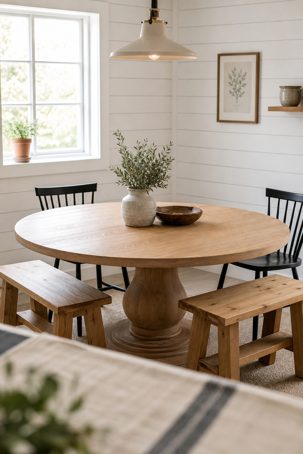 Small farmhouse dining nook with a round white-oak pedestal table, backless pine benches, and white shiplap walls in a compact dining space