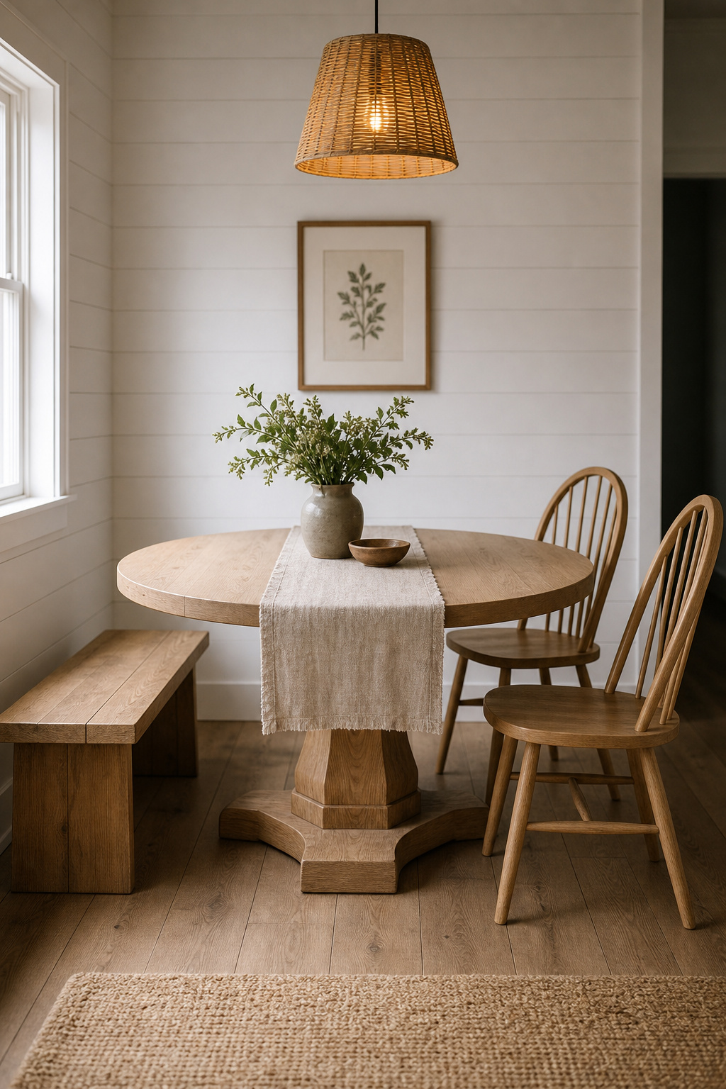 Complete small farmhouse dining nook with a round oak pedestal table, pine bench, Windsor chairs, white shiplap, and a single framed botanical print — deliberately restrained