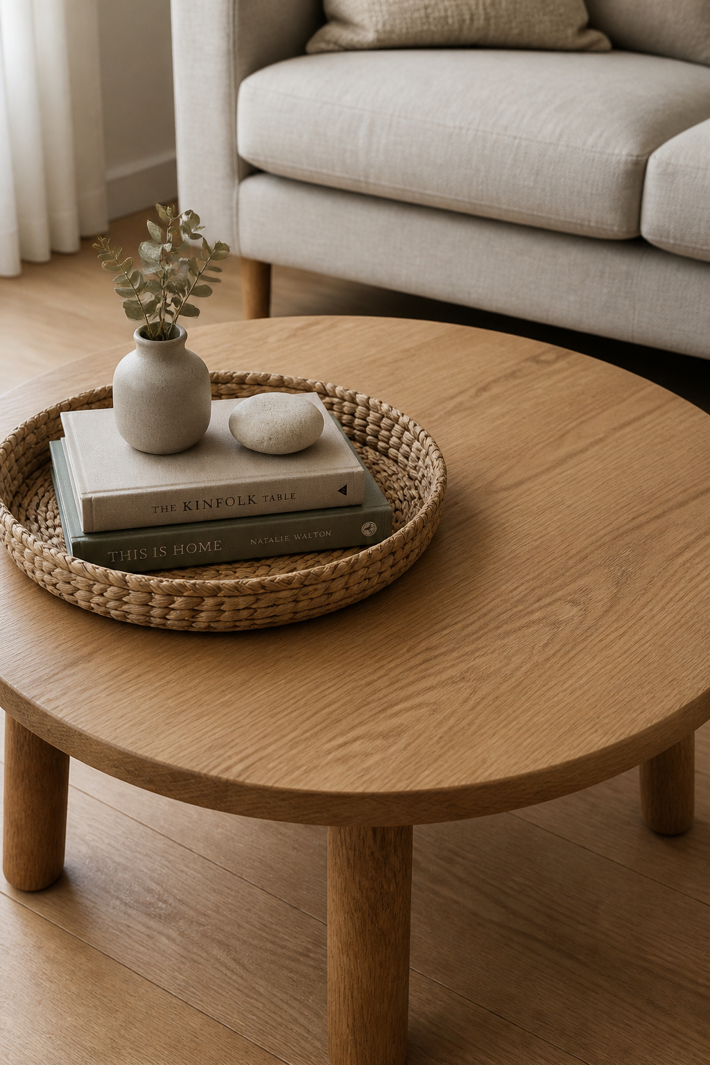 A compact round oak coffee table with one woven tray holding a small book stack, bud vase with eucalyptus, and a river stone — the opposite end of the surface completely clear — demonstrating small living room coffee table decor with one tight vignette