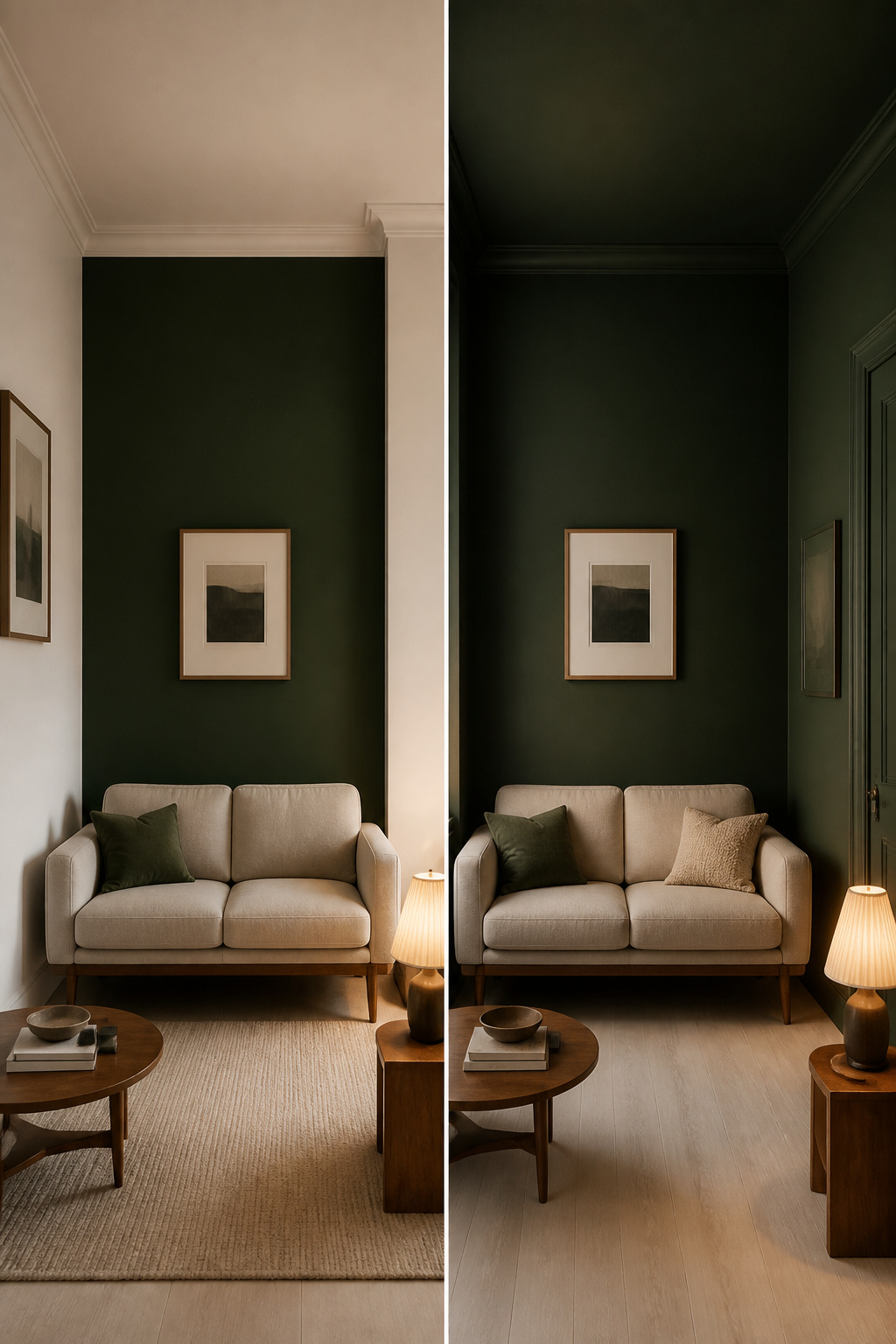 Side-by-side comparison of accent wall versus full colour drench in a small living room — showing how the full drench dissolves boundaries while the accent wall isolates