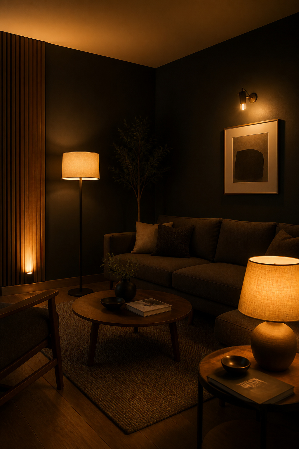 Small dark living room with four warm light sources in operation — floor uplighter, standing floor lamp, table lamp and wall sconce — no overhead light, no heavy shadows